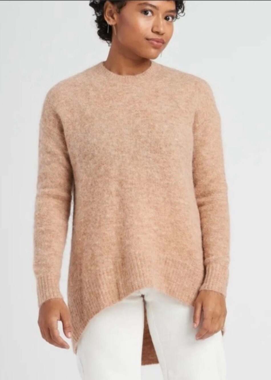 Universal Standard Melissa High Low Wool Mohair Alpaca Blend Sweater in Camel, 2